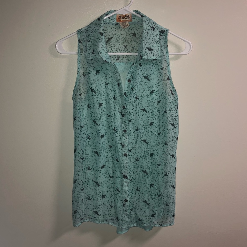 Teal with black birds button down tank